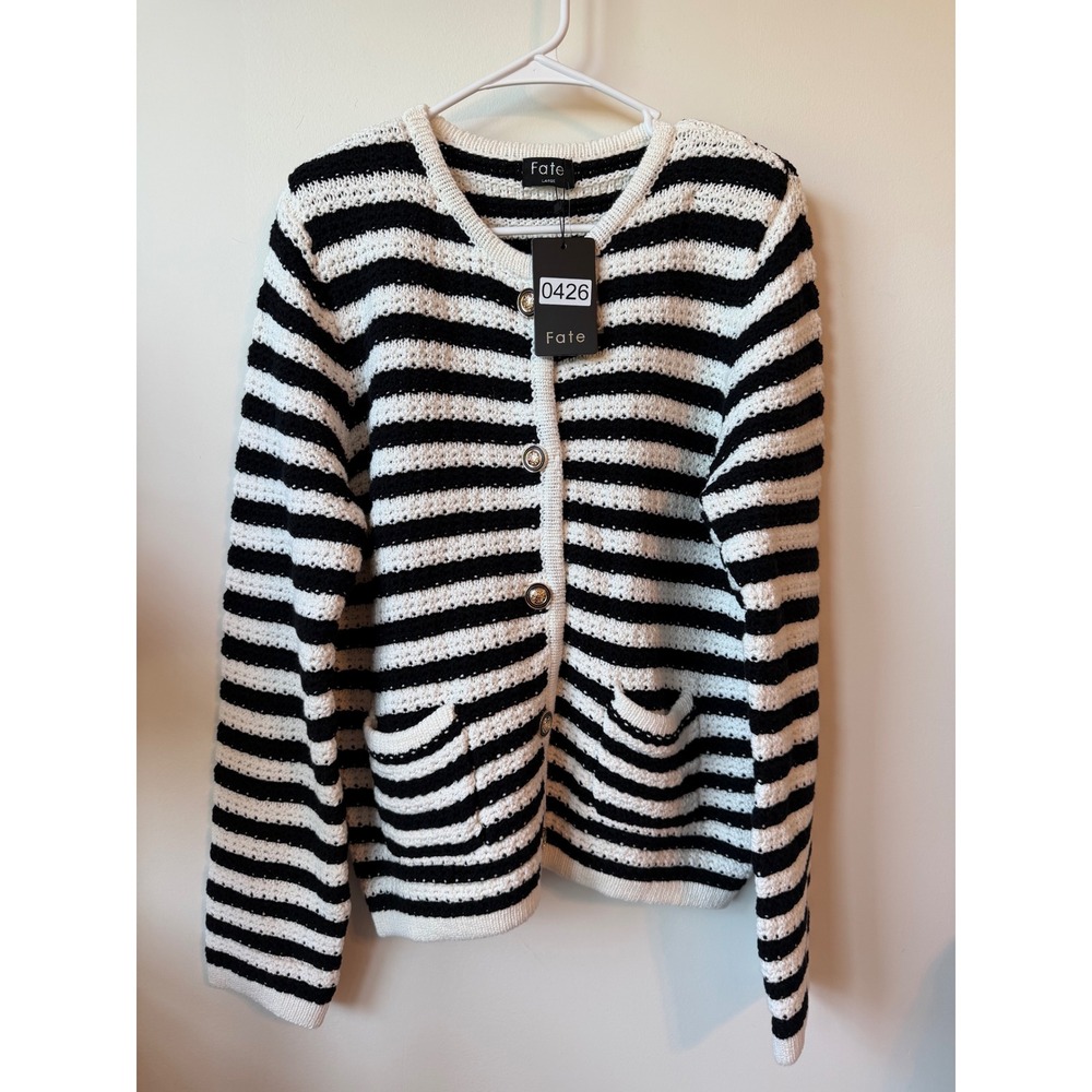 Fate Striped Knit Cardigan Sweater Black White Gold Button Large NWT